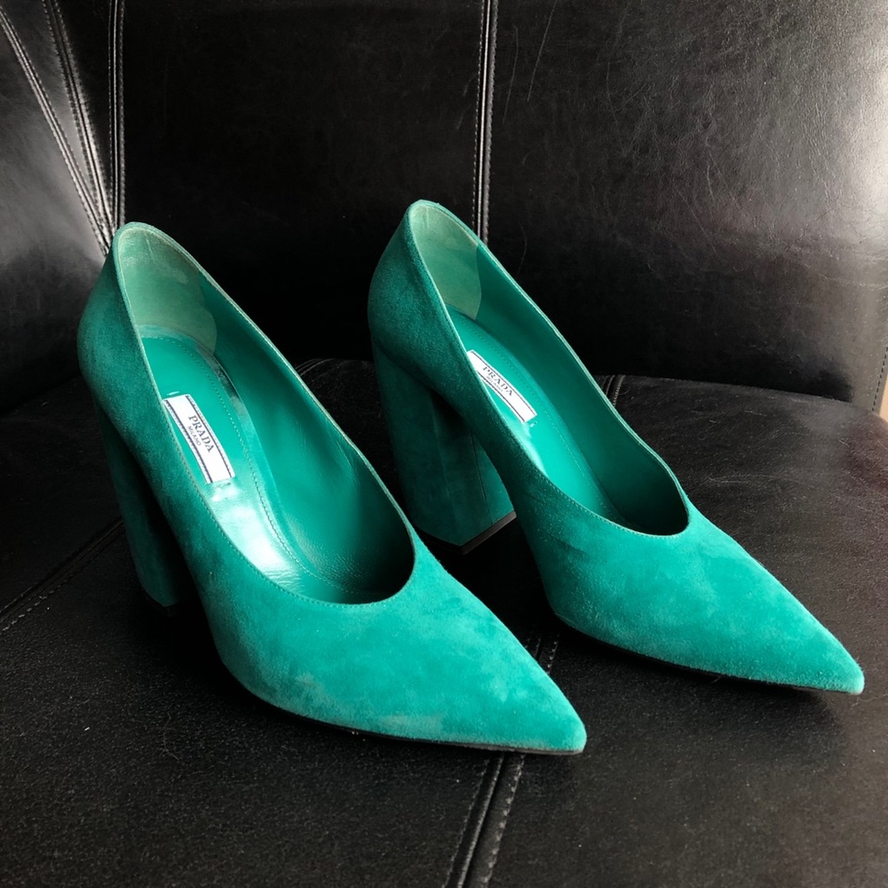 Authentic Emerald Suede Prada Pumps